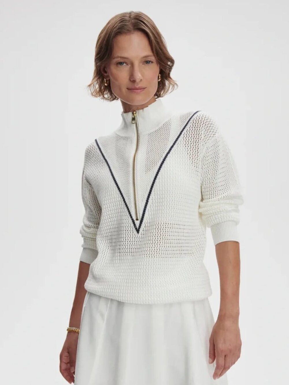 Varley Calva Half-Zip Open Knit Polo High Neck Sweater White Pickle Preppy M